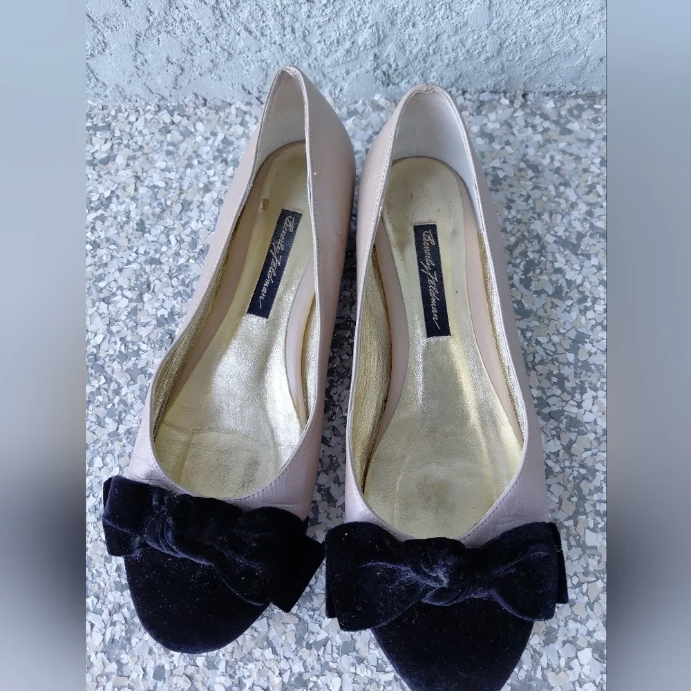 Beverly Feldman Cream Ballet Flats with Black Velvet Bow